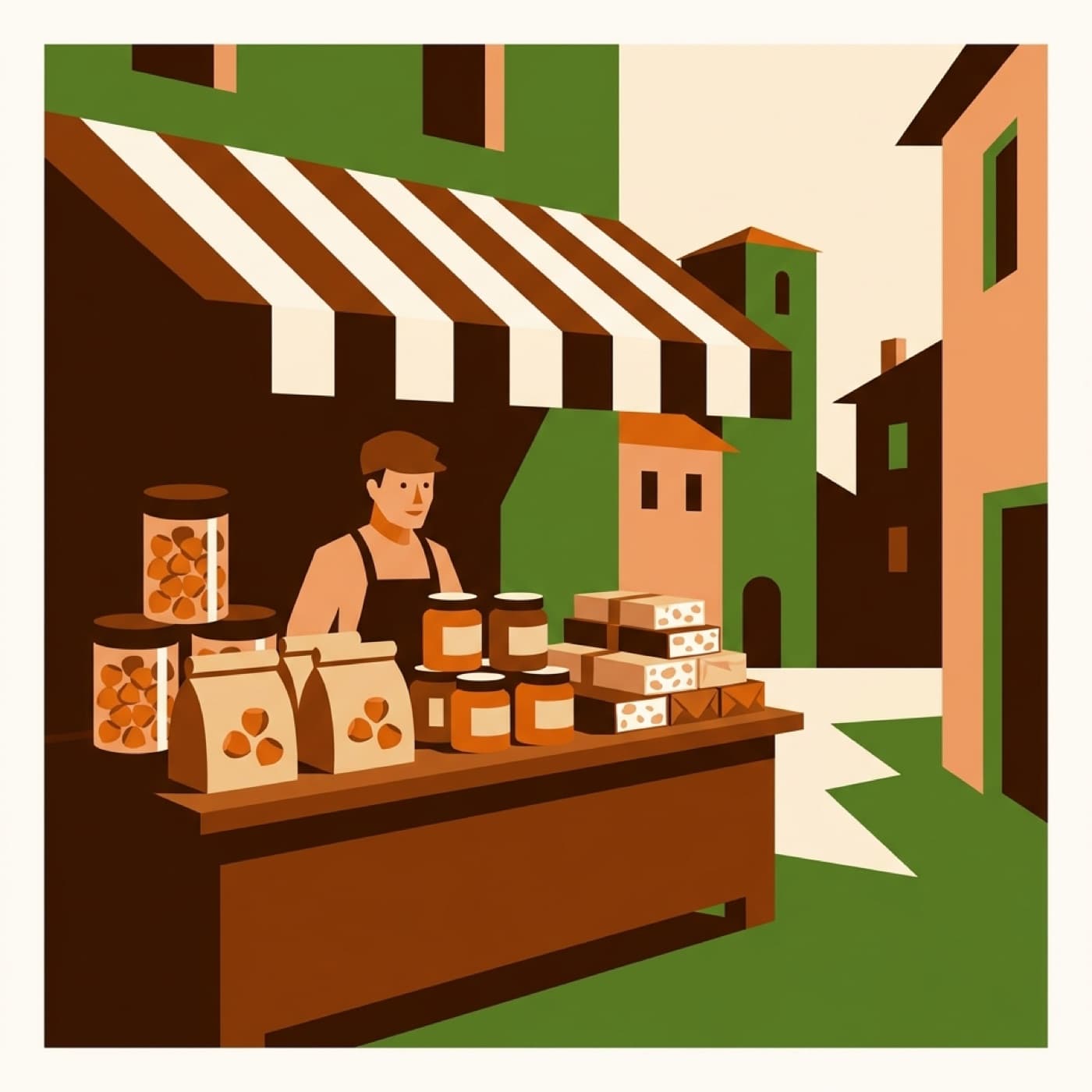 Uno stand della sagra con vasetti e sacchetti di nocciole