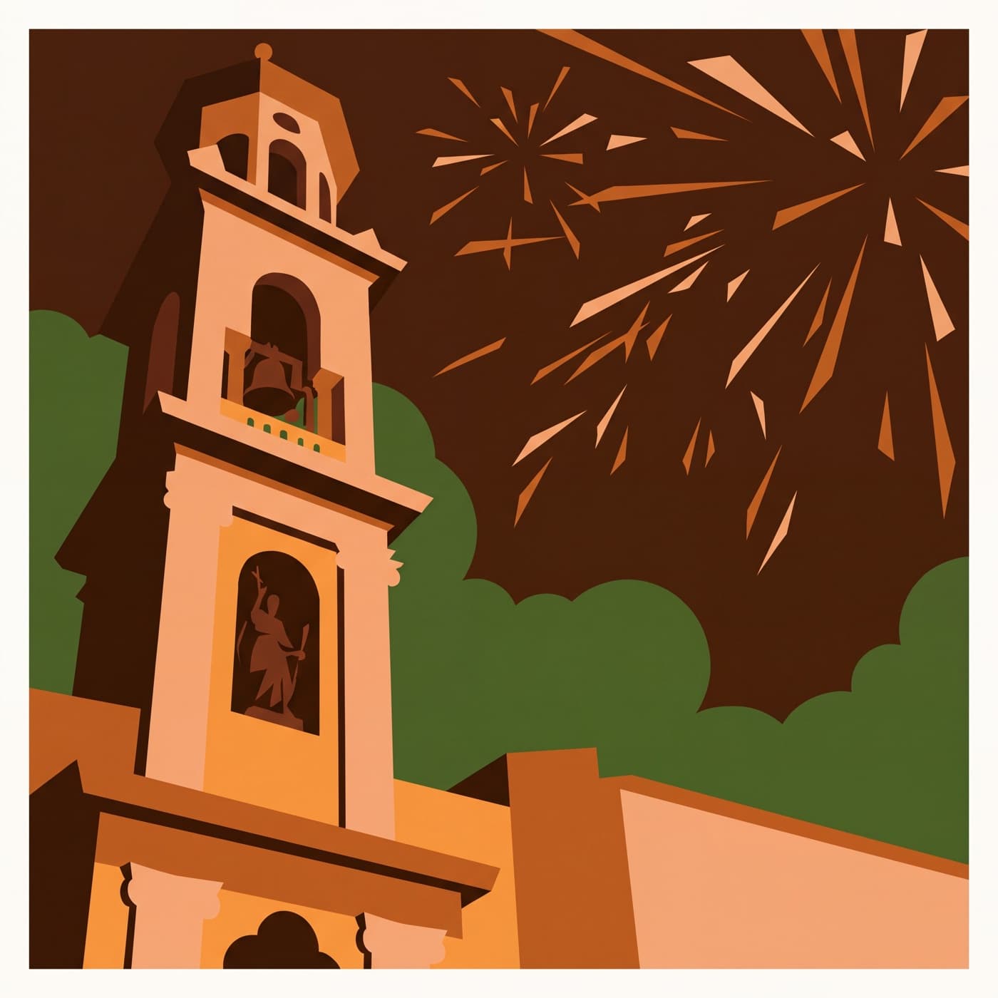 Il campanile della Chiesa di San Trifone Martire con i fuochi d’artificio della festa