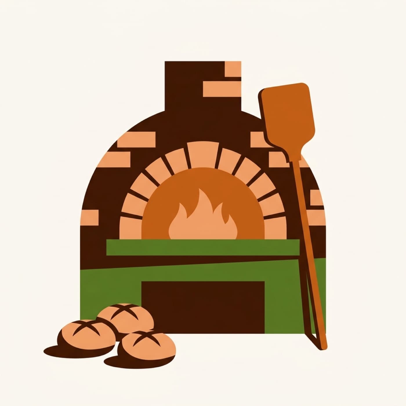 Un forno a legna acceso, con la pala del fornaio e le pagnotte