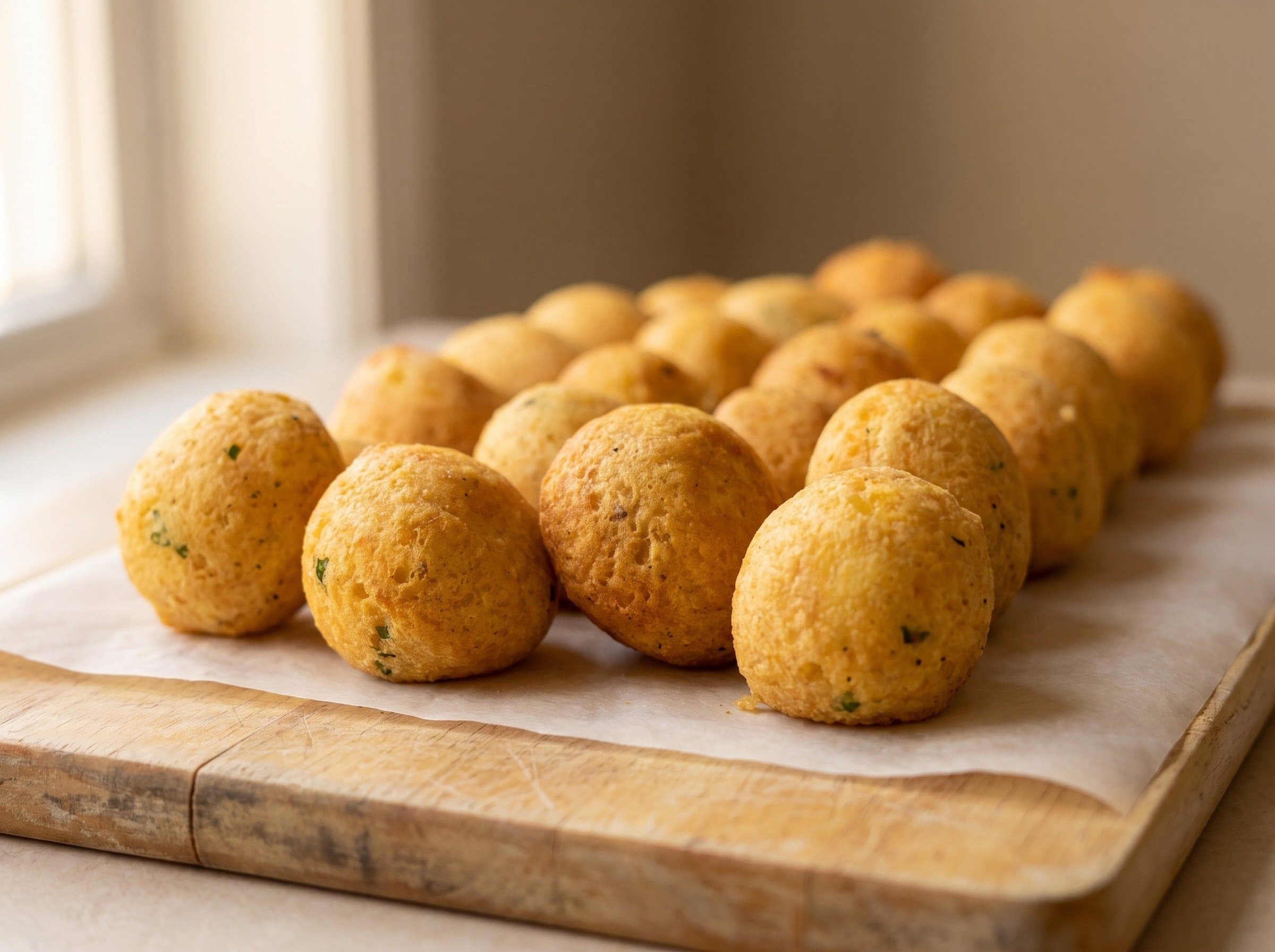 Le polpette di patate appena fritte, su carta da forno